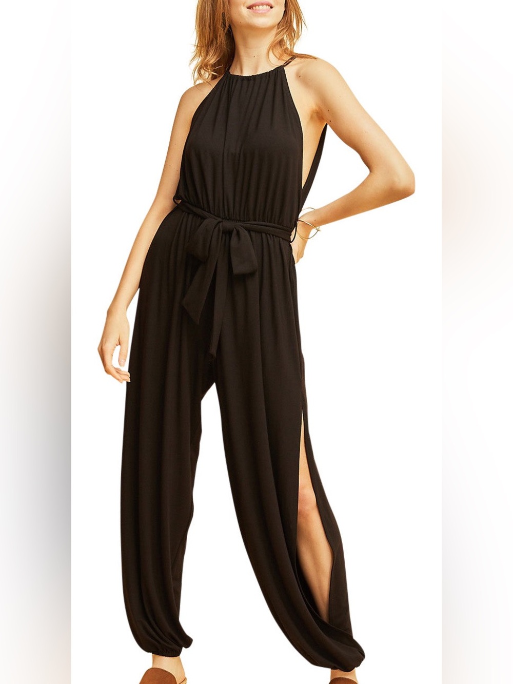 Zenana Outfitters Black Halter Jumpsuit with Tie Waist